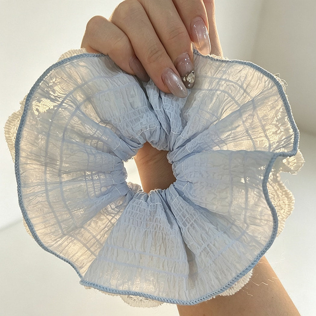 Gifty - Blue Plaid Lace Trim Polyester Scrunchie