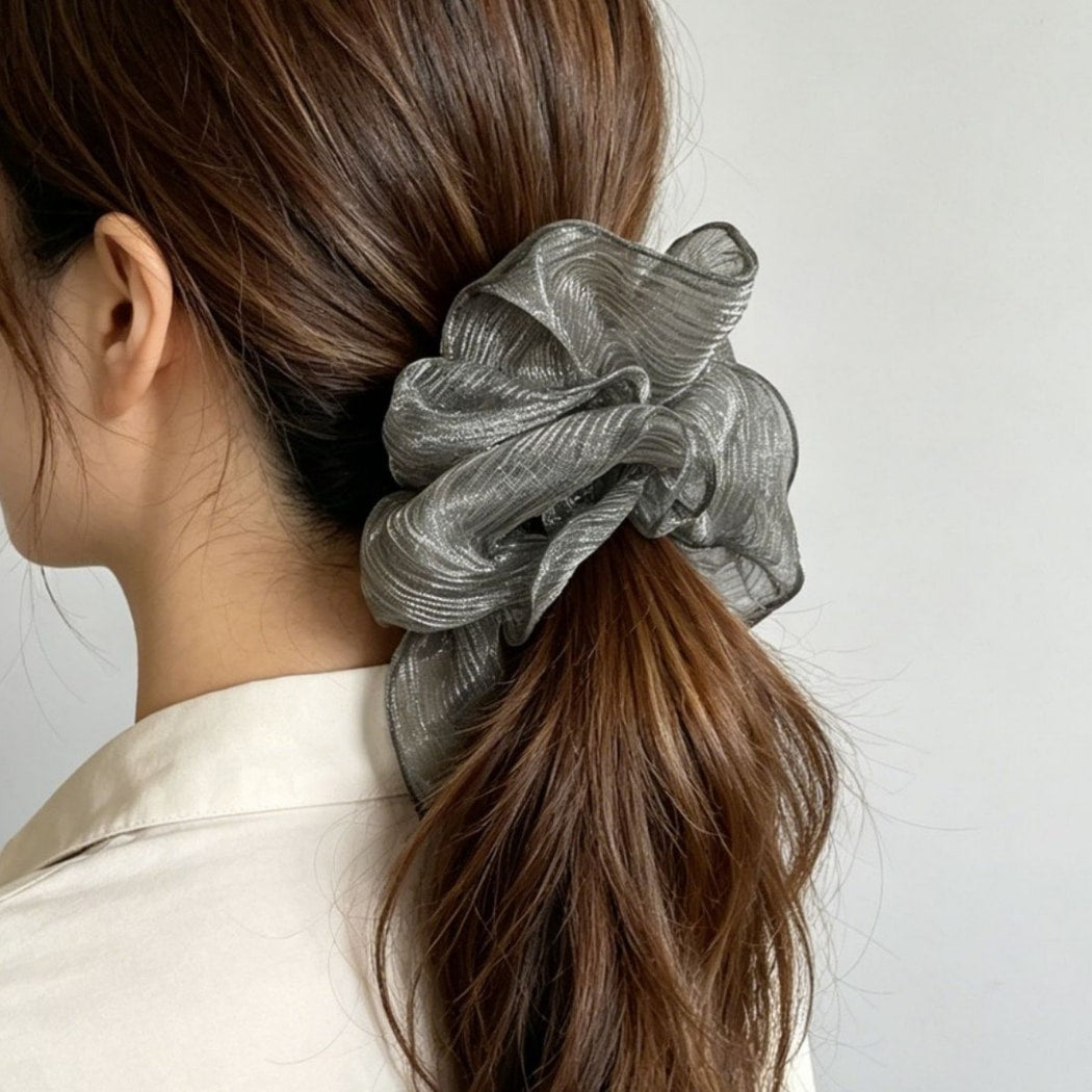 Gifty - Gray Sheer Striped Polyester Scrunchie