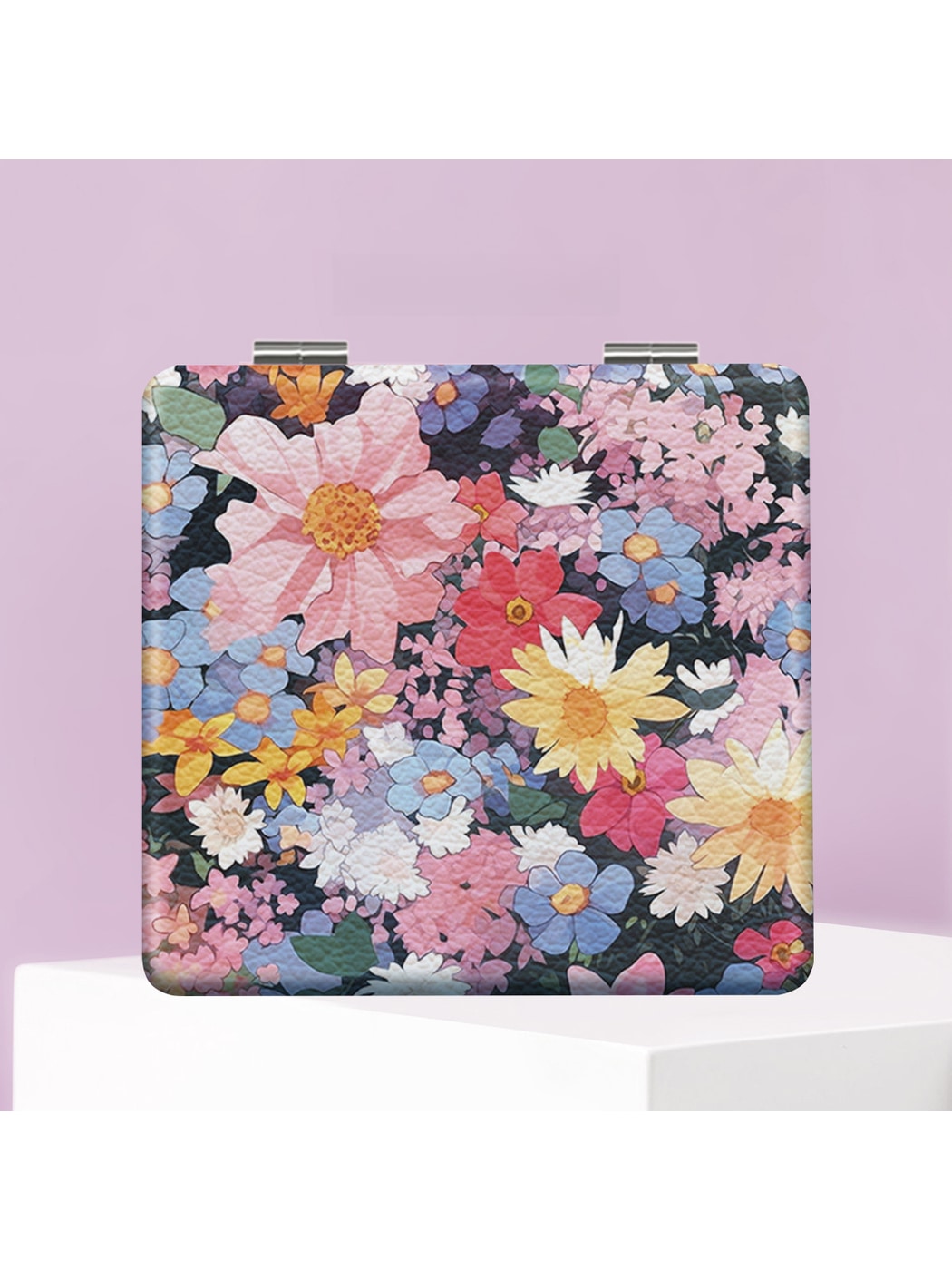 Mirroray - Floral Print PU Folding Makeup Mirror
