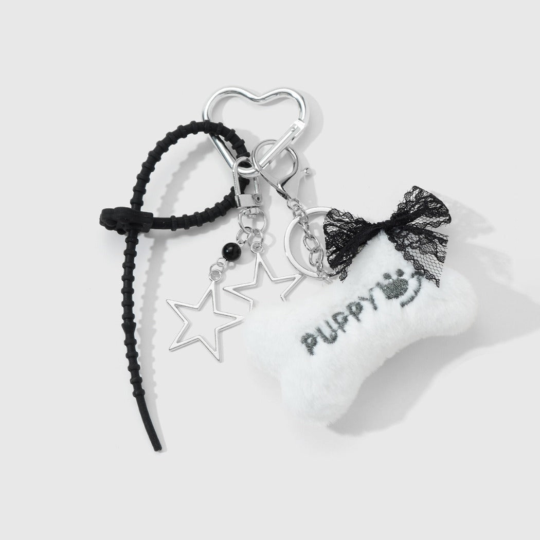 Keypus - Lace Bow Plush Bone Shape Keychain