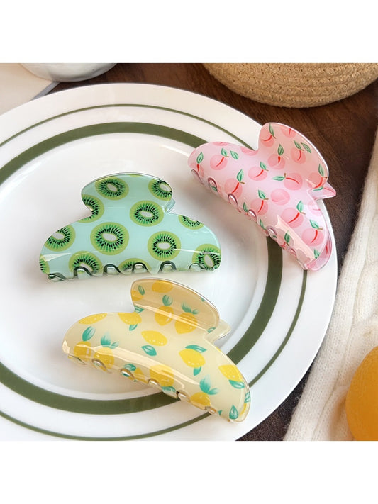 Beau fruit print half circle shark claw hair clip on white background