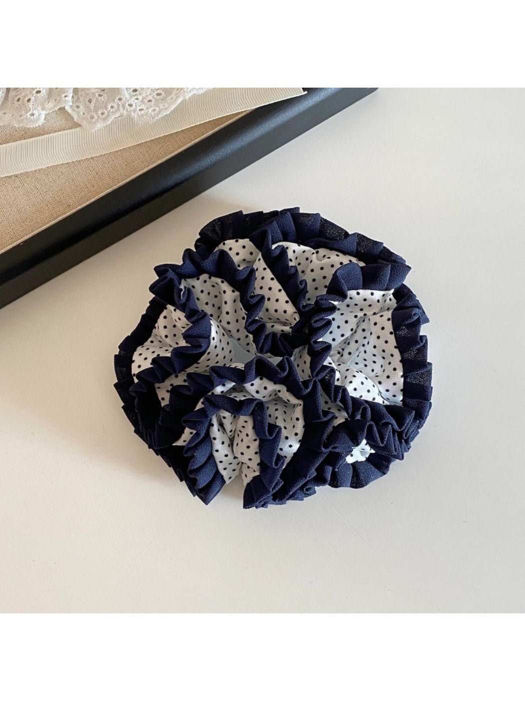 Gifty - Navy Trimmed Polka Dot Ruffled Scrunchie