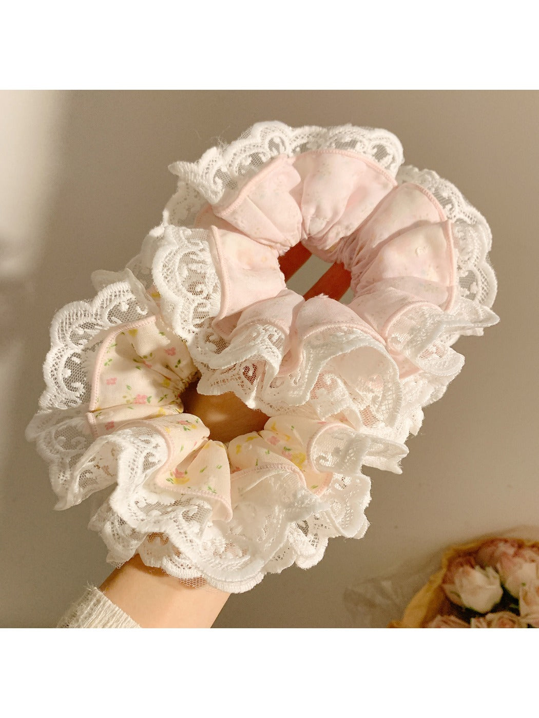 Flat lay of Gifty sweet and charming printed scrunchie on white background