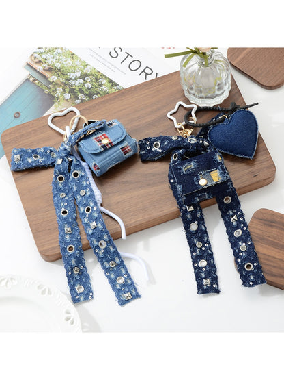 Keypus - Y2K Bow Plaid Heart Studded Bag Charm Keychain