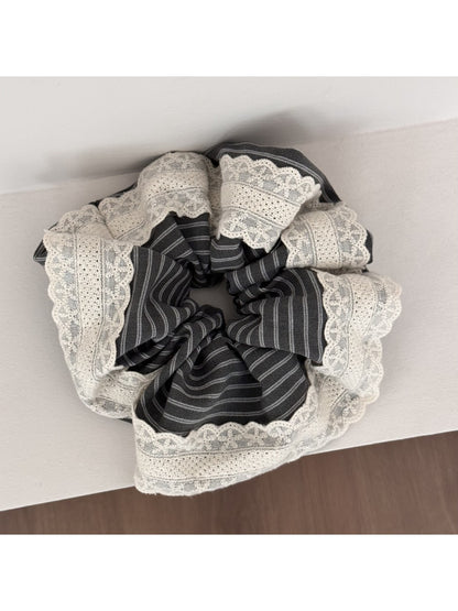 Gifty - Lace Trim Striped Scrunchie Hair Tie