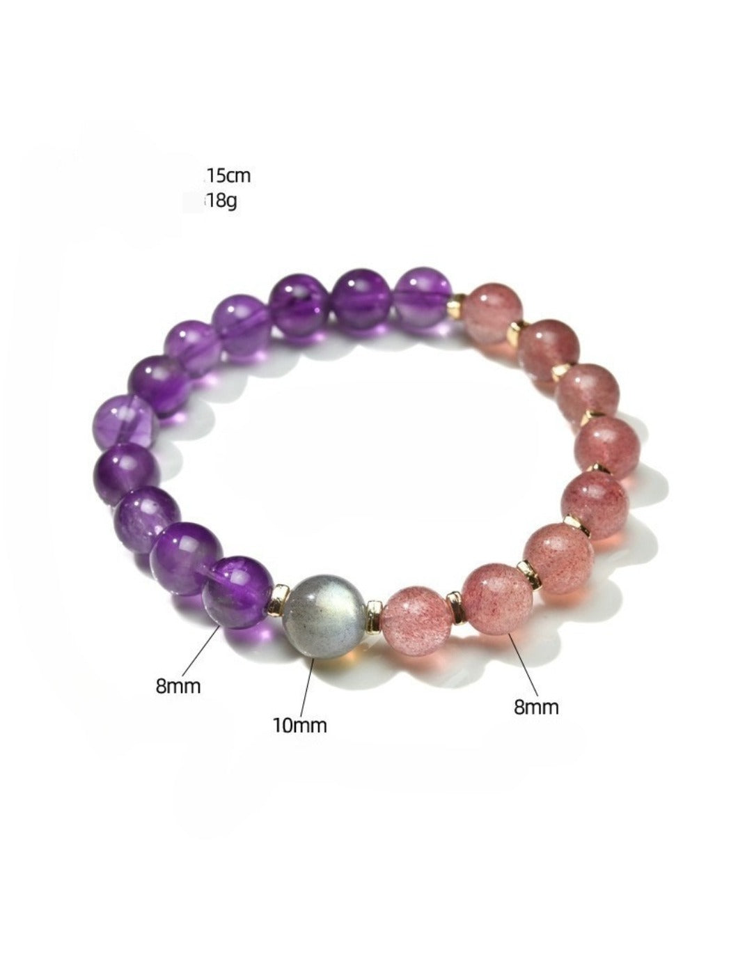 Lovra bracelet with purple and white crystals shown from an angled top view
