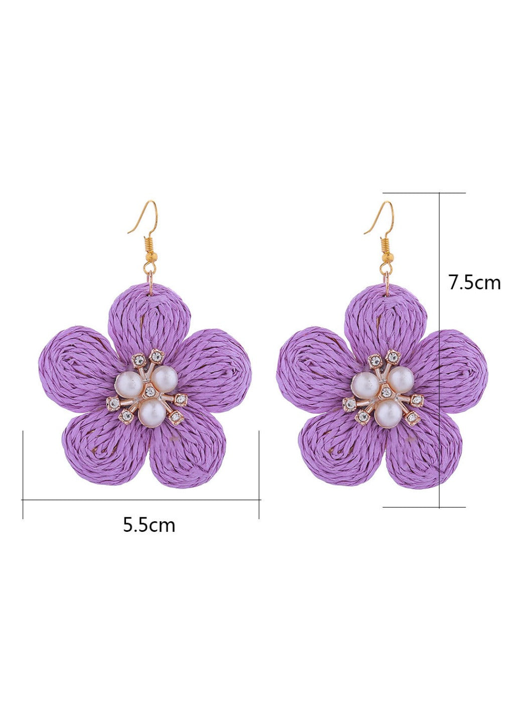Pair of raffia flower-shaped earrings displayed on a white background showing woven texture