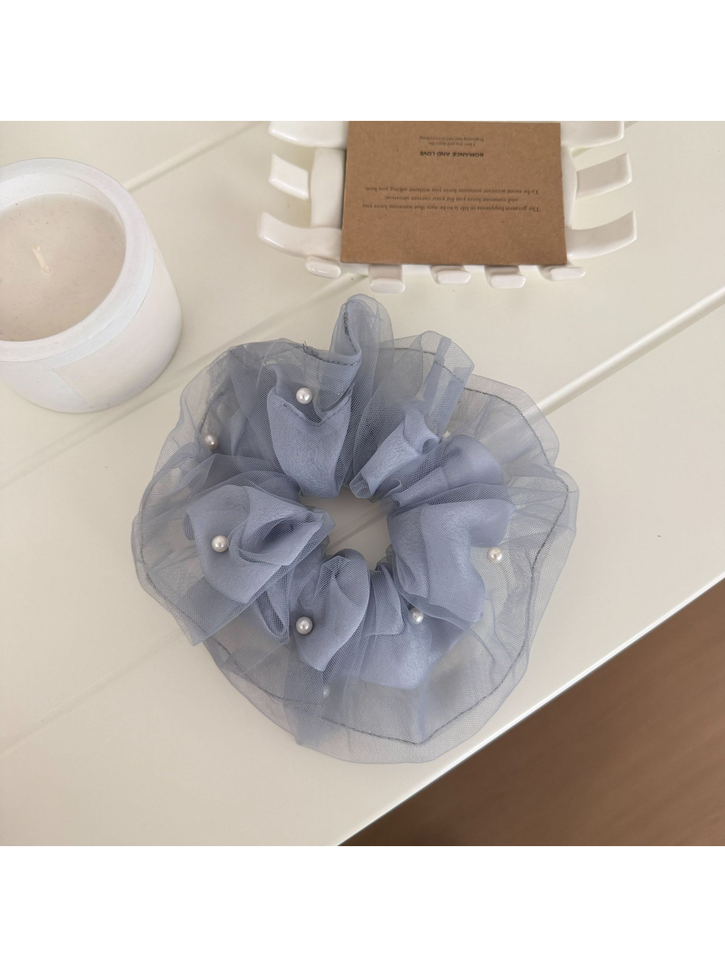 Gifty - Mesh Ruffle Beaded Detail Hair Scrunchie