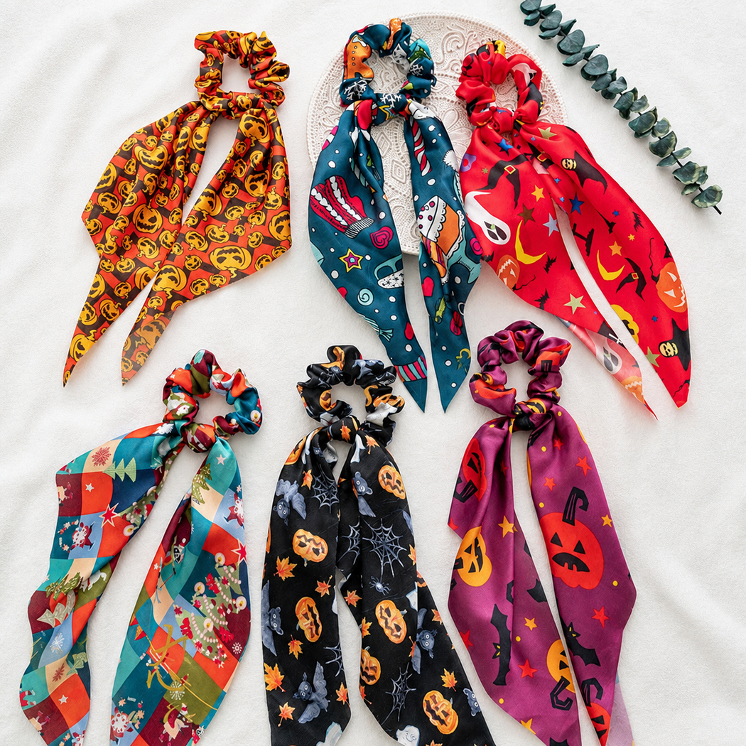 Halloween scarf scrunchie collection showing all six available variants