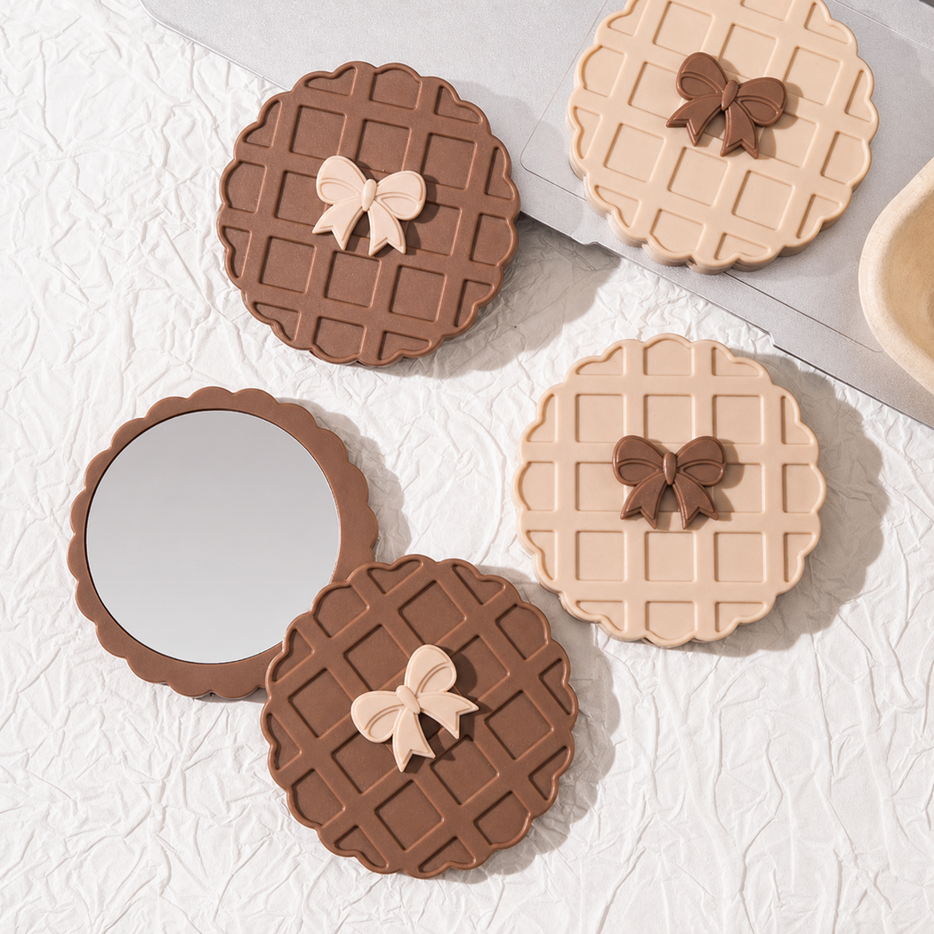 Brown and ivory waffle folding mirror full color overview