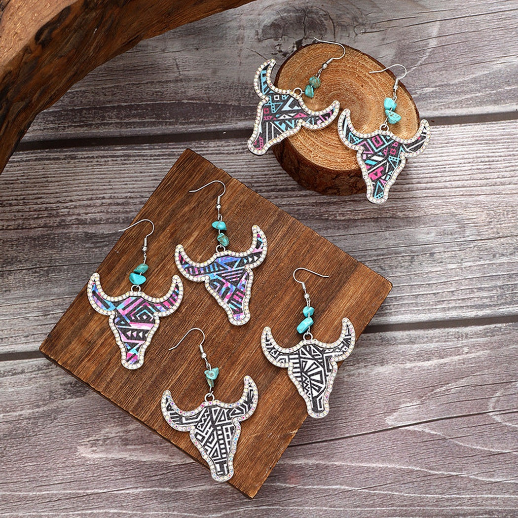 Earedge - Western Colorful Cow Skull Earrings