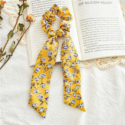 Gifty - Rose Print Bow Scarf Scrunchie - Yellow variant