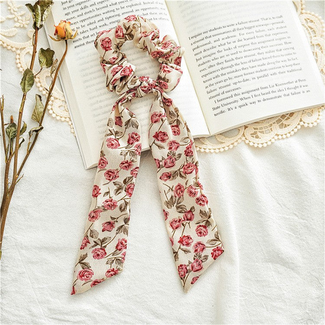 Gifty - Rose Print Bow Scarf Scrunchie - PinkWhite variant