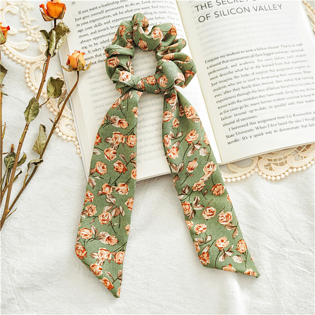 Gifty - Rose Print Bow Scarf Scrunchie - Green variant
