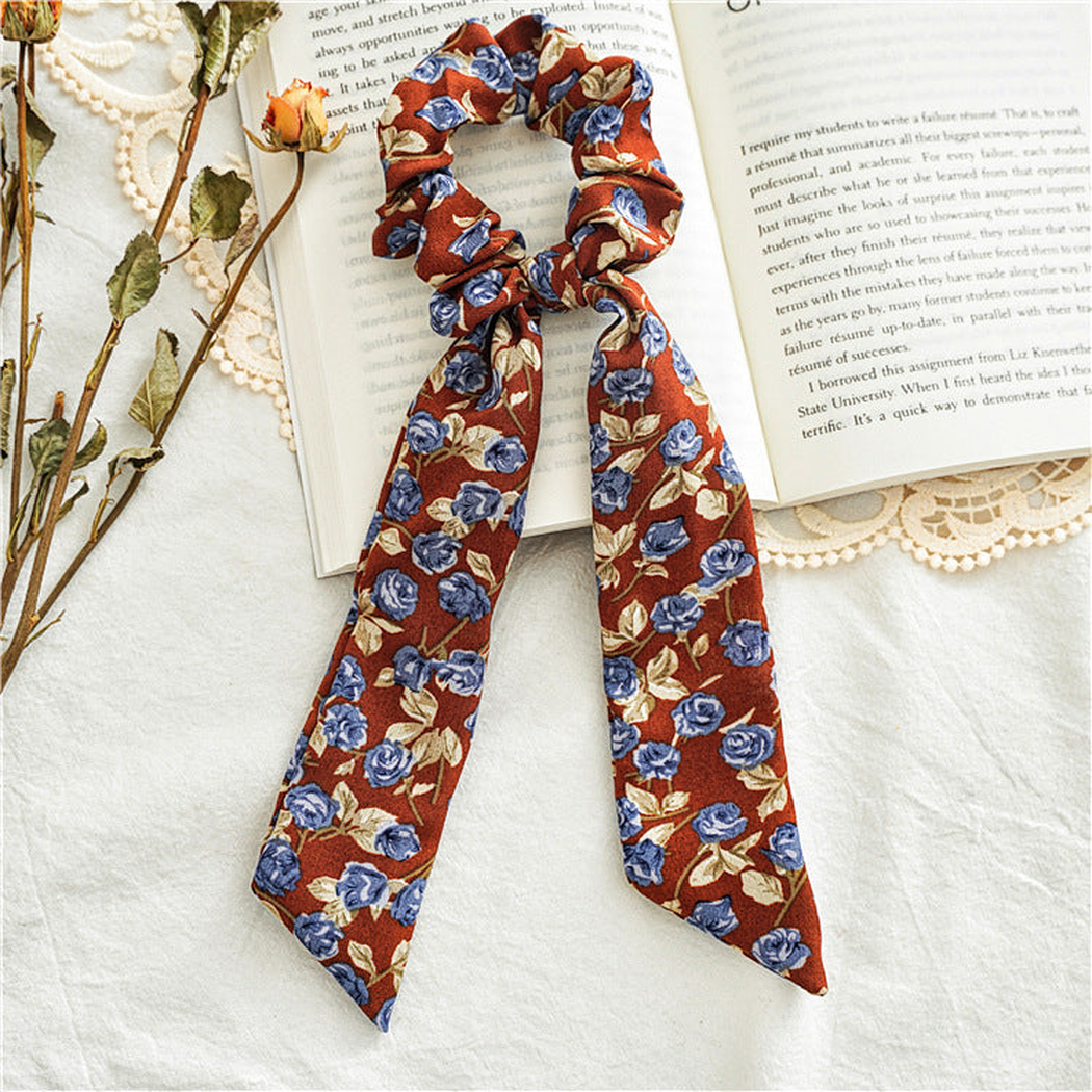 Gifty - Rose Print Bow Scarf Scrunchie - Brown variant