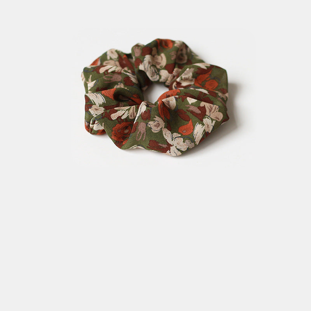 Green Gifty - Gathered Floral Scarf Scrunchie on neutral background