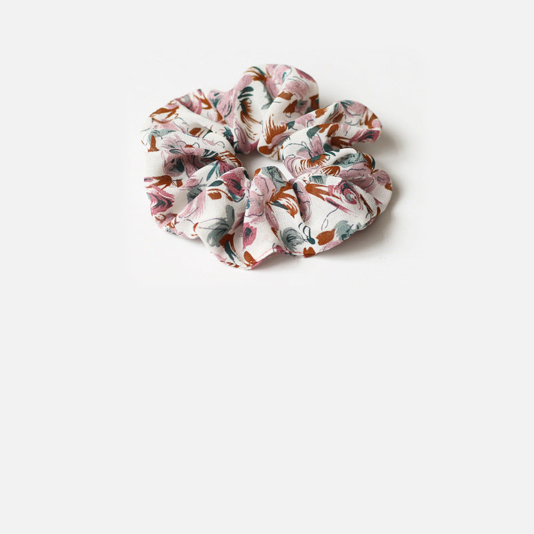 PinkWhite Gifty - Gathered Floral Scarf Scrunchie on neutral background