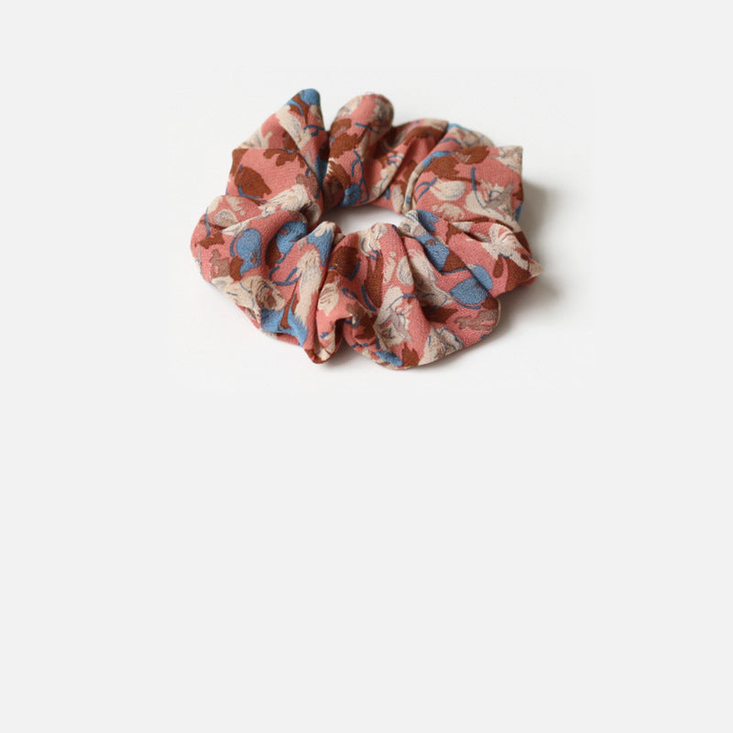 Crimson Gifty - Gathered Floral Scarf Scrunchie on neutral background