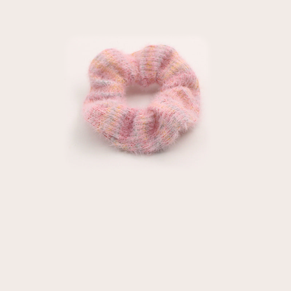 Pink Gifty - Gathered Plush Scrunchie on neutral background