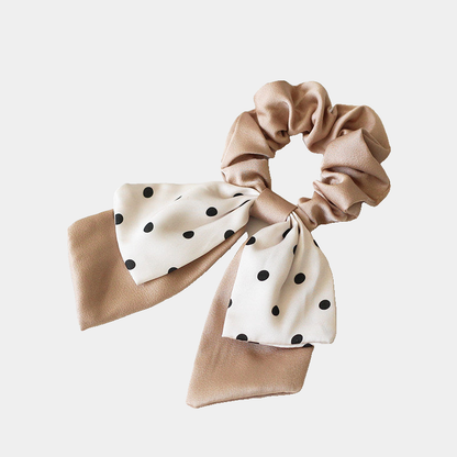 DotBowBrn Gifty - Layered Polka Dot Bow Scrunchie on neutral background