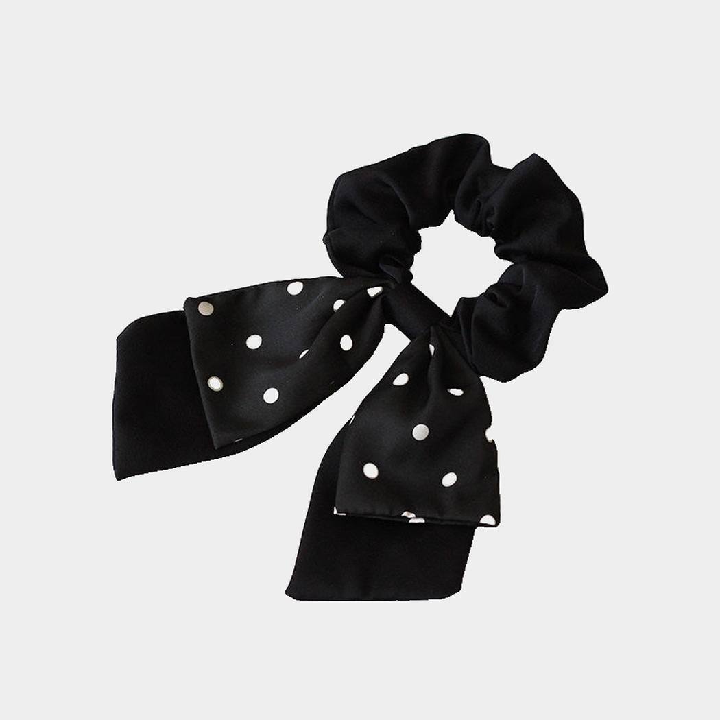 DotBowBlk Gifty - Layered Polka Dot Bow Scrunchie on neutral background