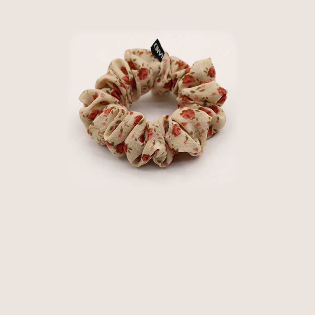 Khaki Gifty - Gathered Floral Scrunchie on neutral background