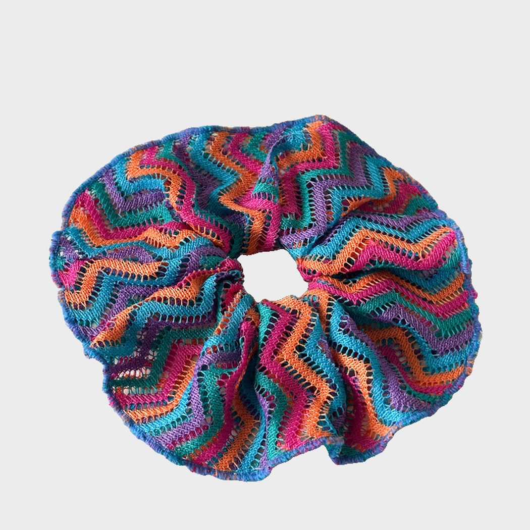 OpenBlue Gifty - Gathered Openwork Scrunchie on neutral background