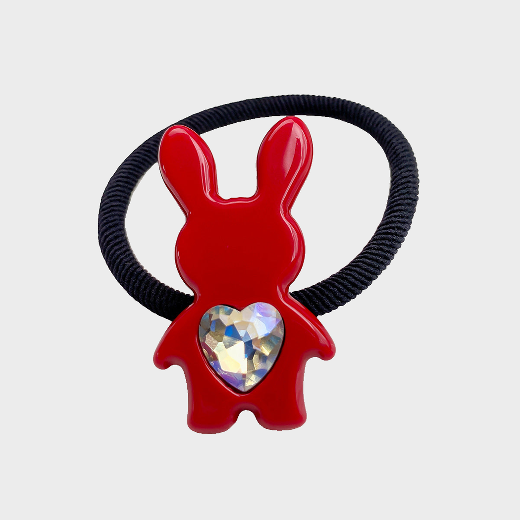 Red Gifty - Mixed Pattern Bunny Charm Hair Tie on neutral background