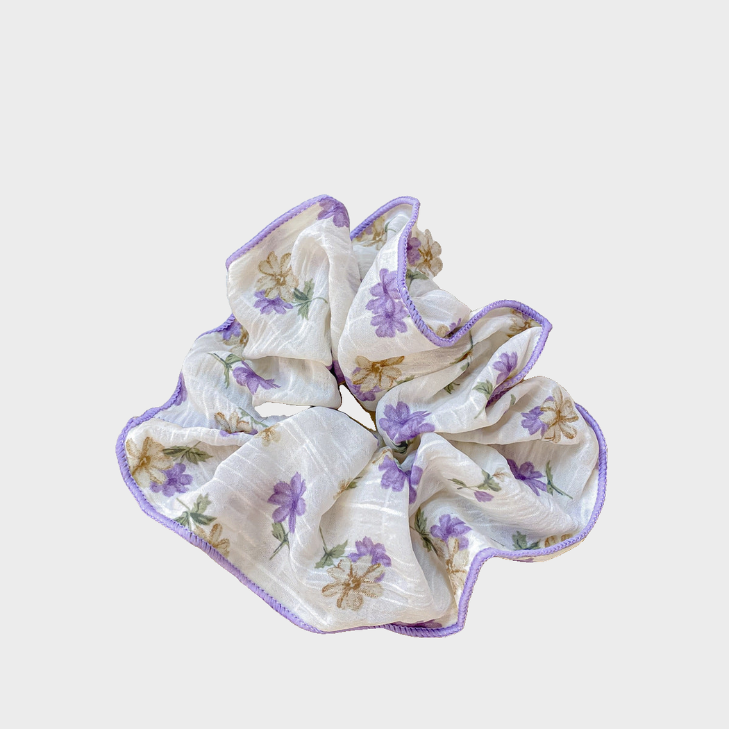 Lilac Gifty - Floral Ruched Scrunchie on neutral background