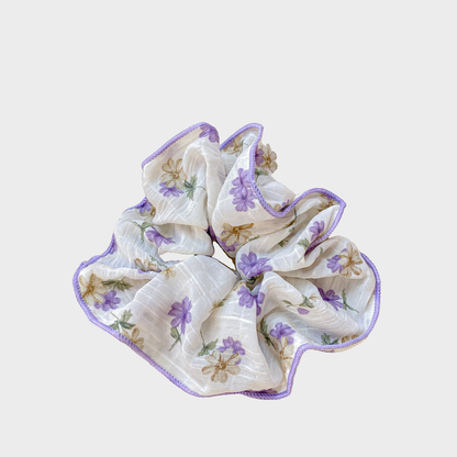 Lilac Gifty - Floral Ruched Scrunchie on neutral background