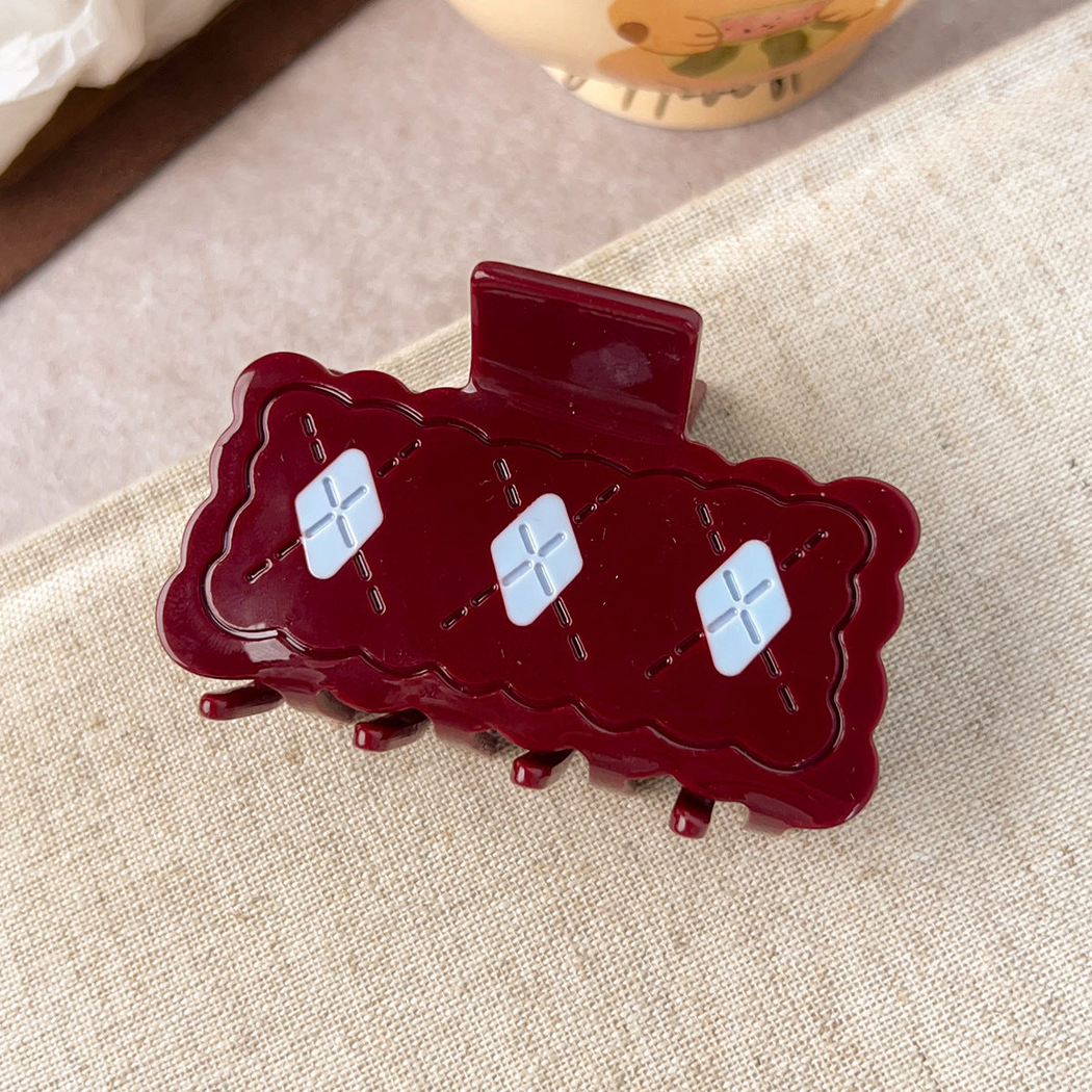 Beau - Wavy Checkered Square Hair Claw - Burgundy variant