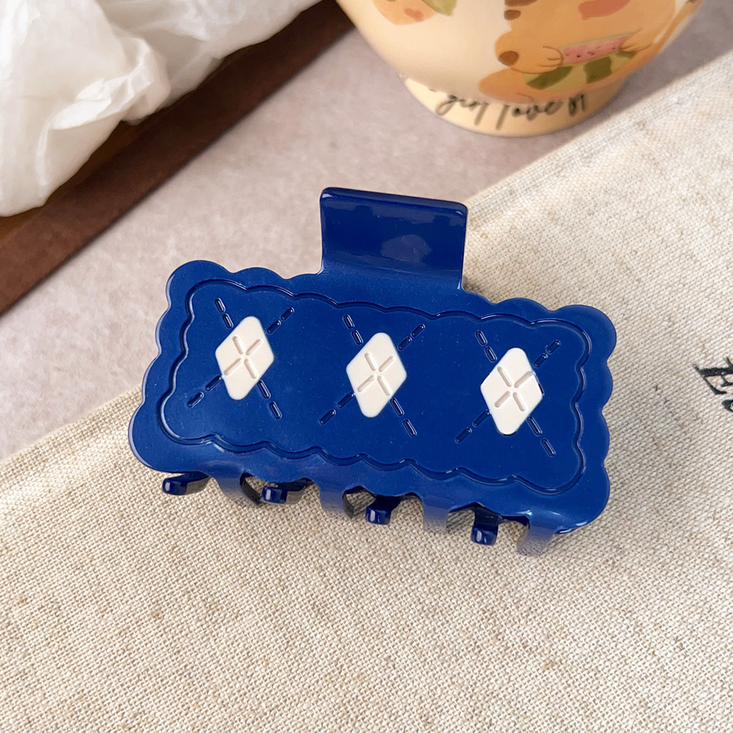 Beau - Wavy Checkered Square Hair Claw - Navy variant