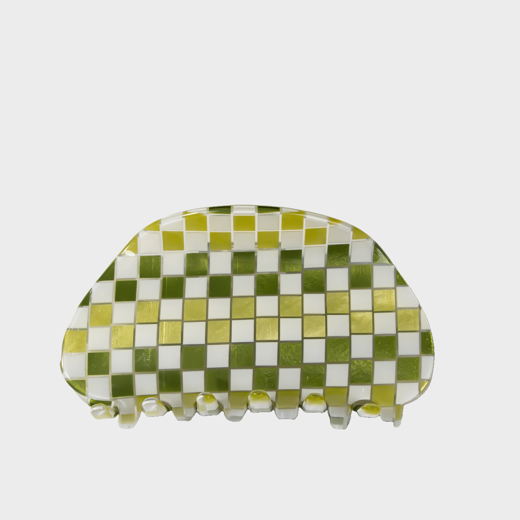 Green Beau - Checkered Semicircle Hair Claw on neutral background