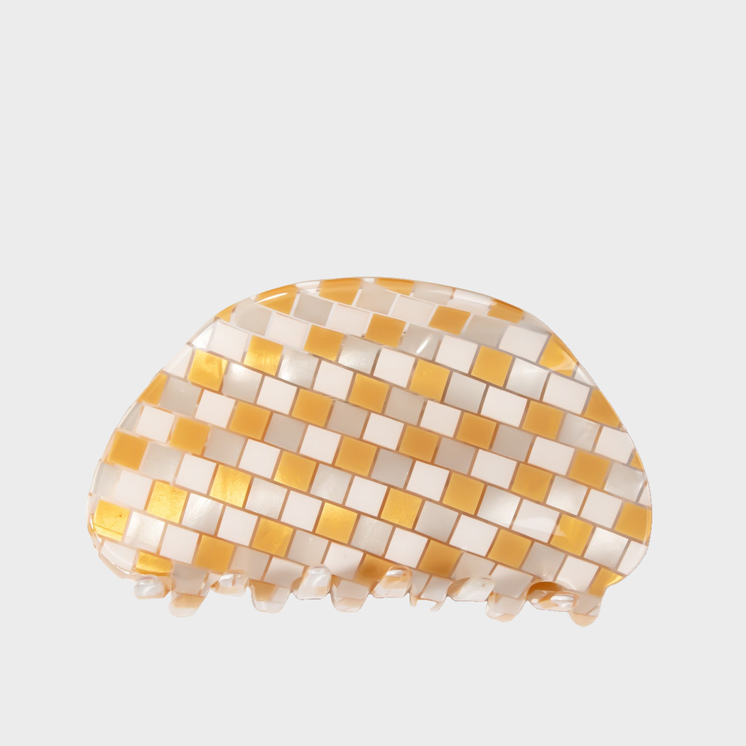 Yellow Beau - Checkered Semicircle Hair Claw on neutral background
