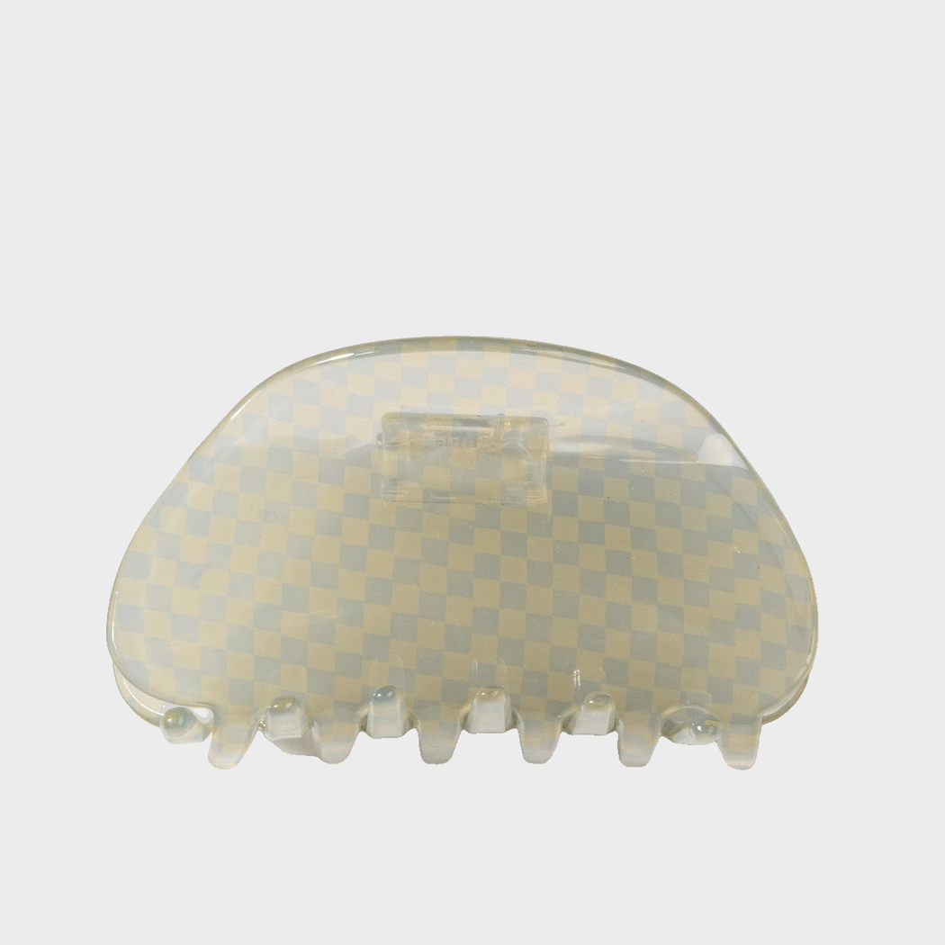 Iridescent Beau - Checkered Semicircle Hair Claw on neutral background