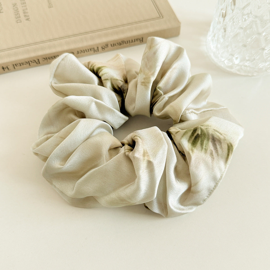 Gifty - Bamboo Leaf Print Satin Scrunchie - Ivory variant