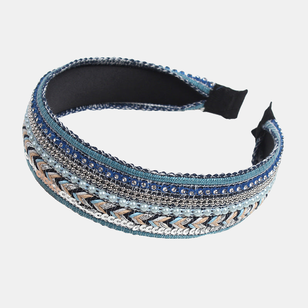 Blue Gifty - Beaded Pearl Wide Headband on neutral background