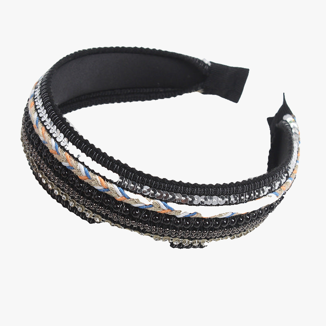 Black Gifty - Beaded Pearl Wide Headband on neutral background