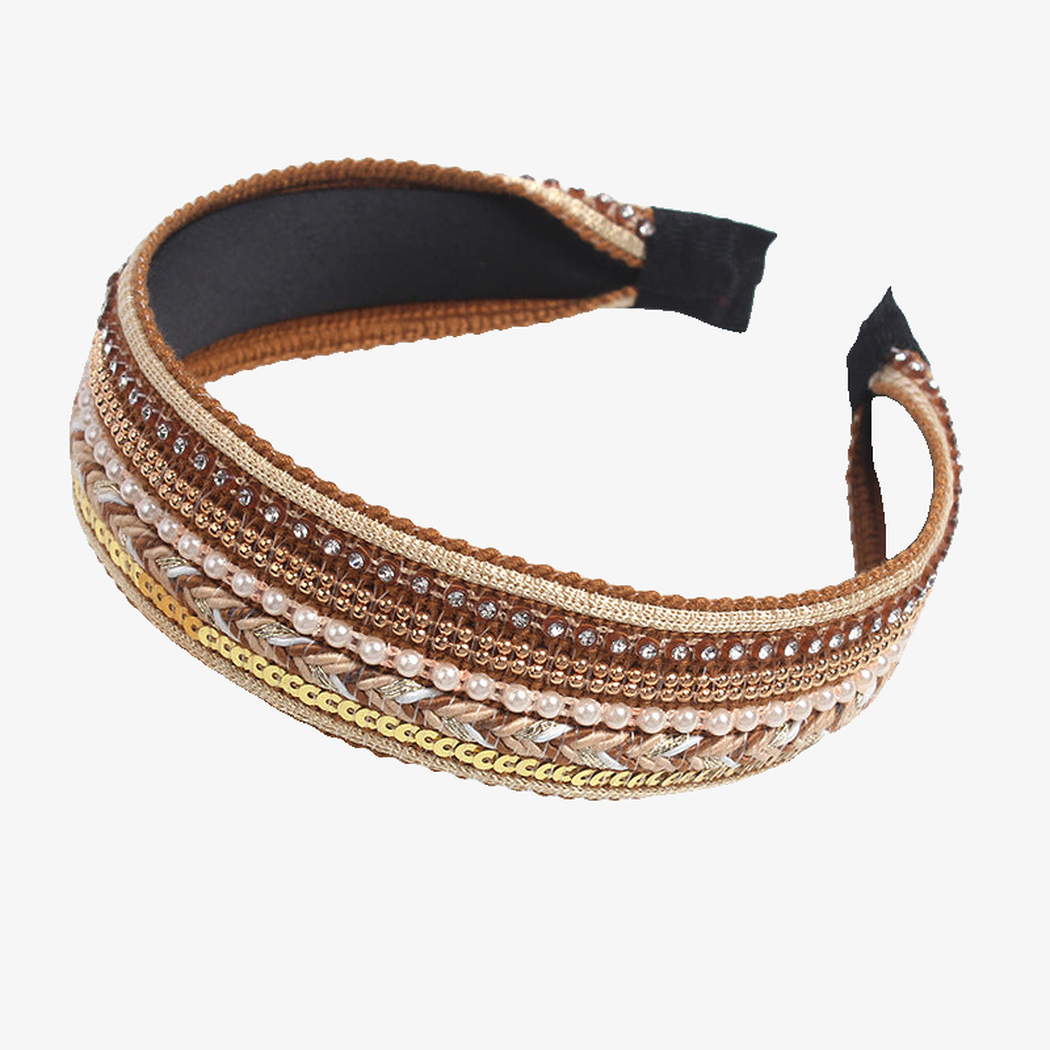 Champagne Gifty - Beaded Pearl Wide Headband on neutral background