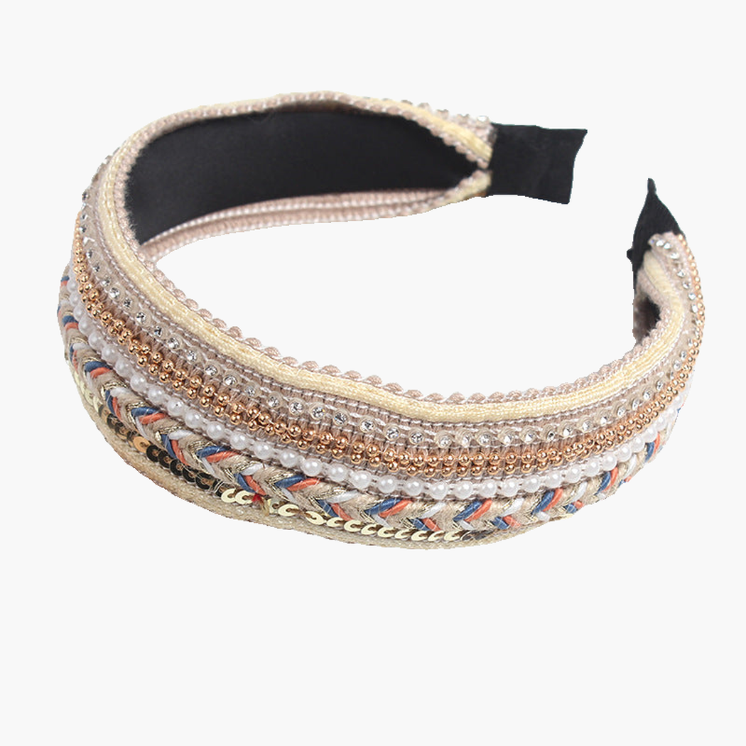 Beige Gifty - Beaded Pearl Wide Headband on neutral background
