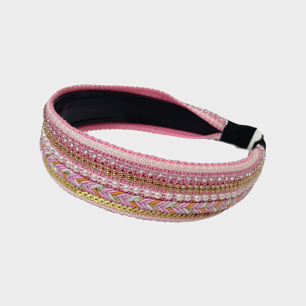 Pink Gifty - Beaded Pearl Wide Headband on neutral background