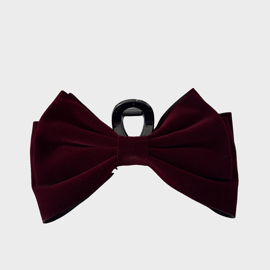 Burgundy Beau - Velvet Bow Oversized Hair Claw on neutral background