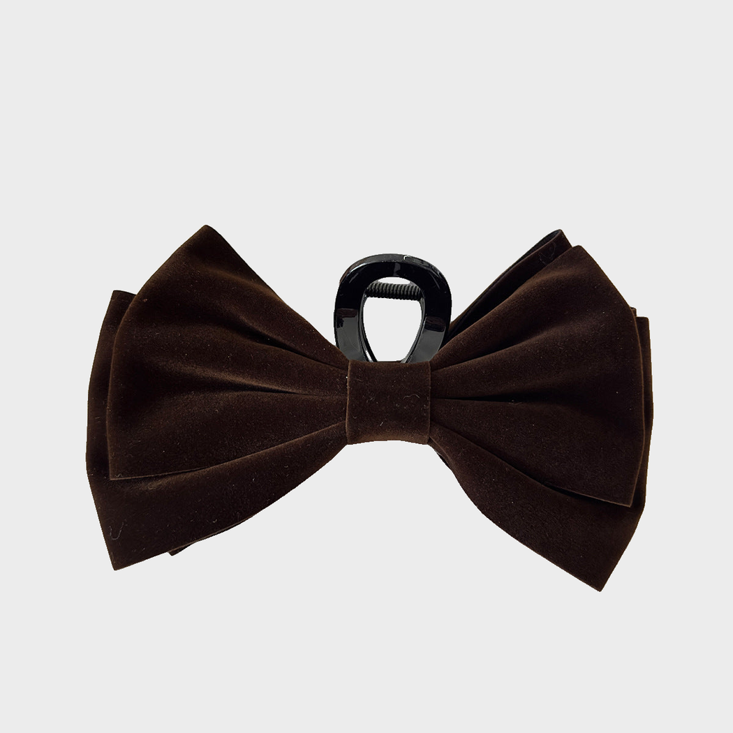 DarkBrown Beau - Velvet Bow Oversized Hair Claw on neutral background