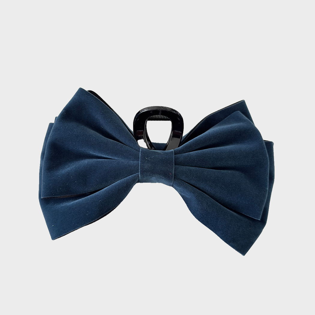 Navy Beau - Velvet Bow Oversized Hair Claw on neutral background