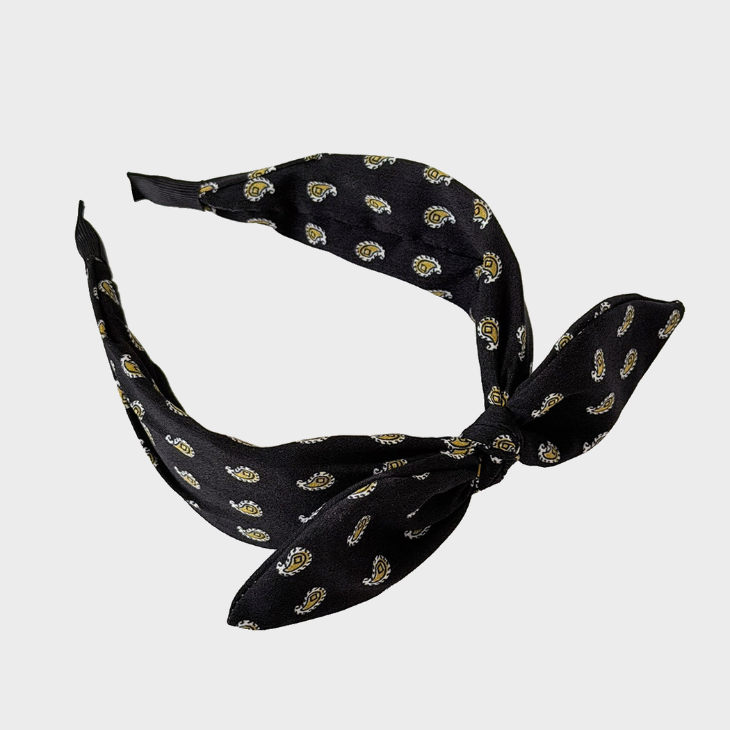 Black Gifty - Paisley Rabbit Ear Knotted Headband on neutral background