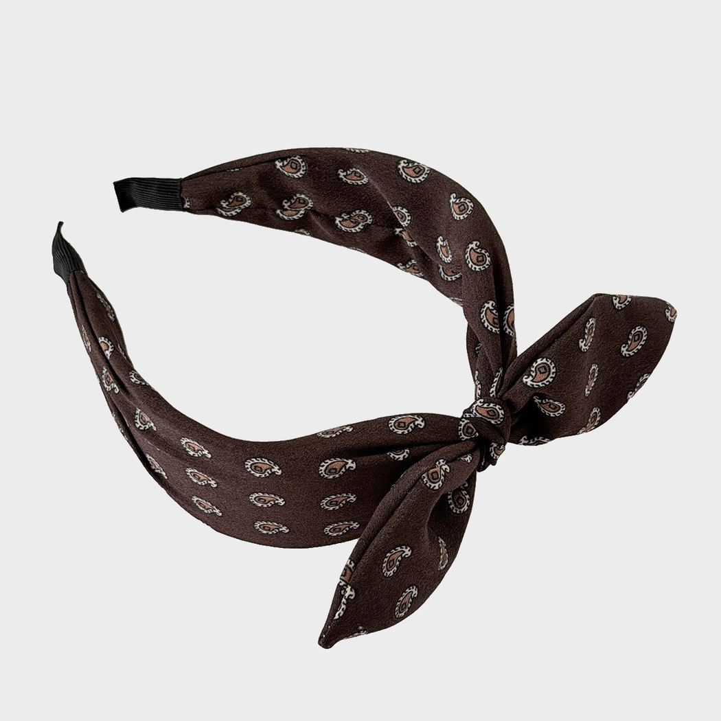 Brown Gifty - Paisley Rabbit Ear Knotted Headband on neutral background
