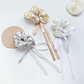 Champagne, gray, and white beaded bow scrunchies