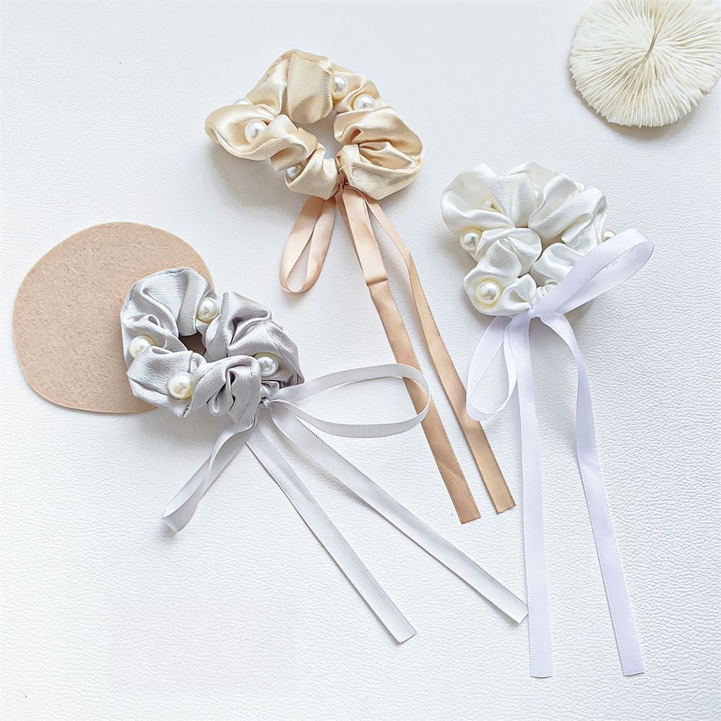 Champagne, gray, and white beaded bow scrunchies