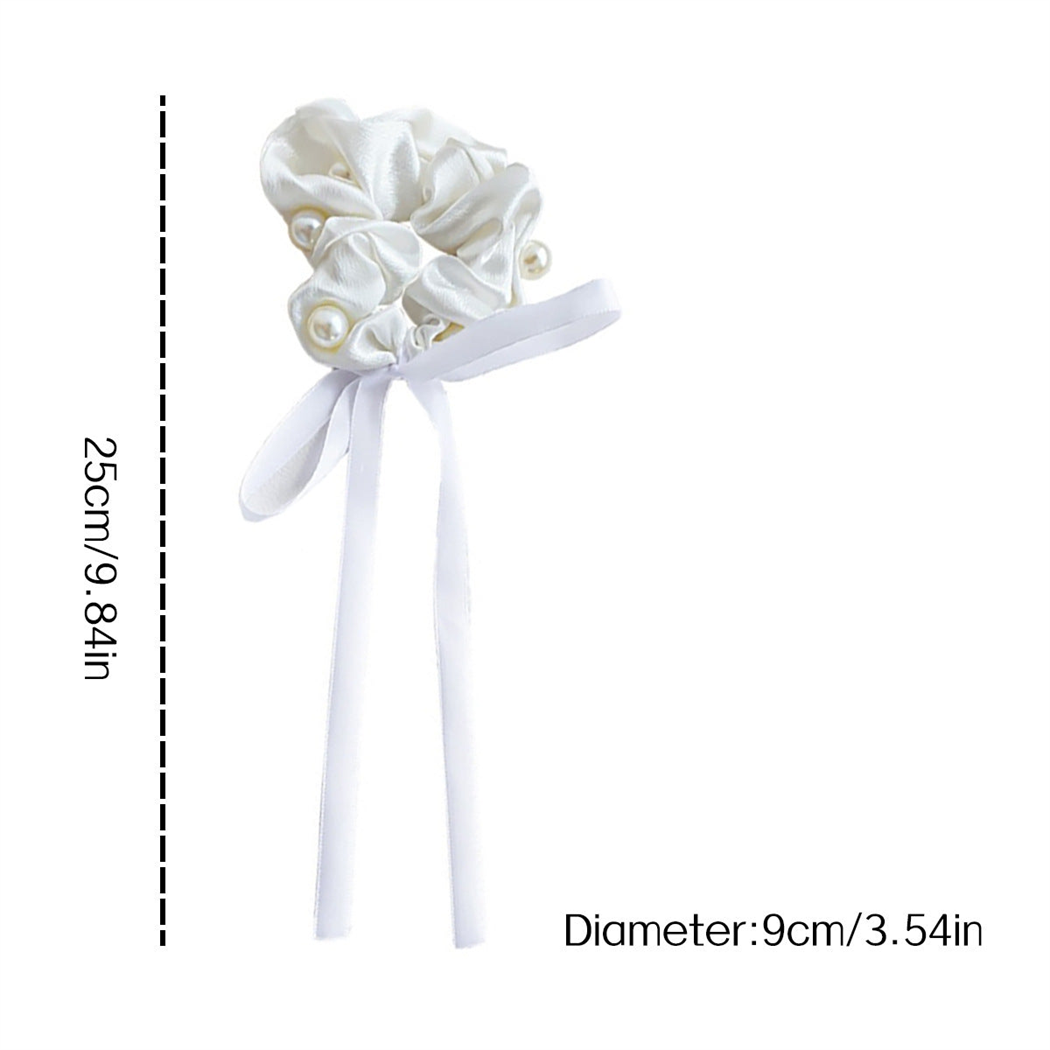 White beaded bow scrunchie with length and diameter measurements
