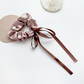 Dusty rose beaded bow scrunchie with trailing ribbons